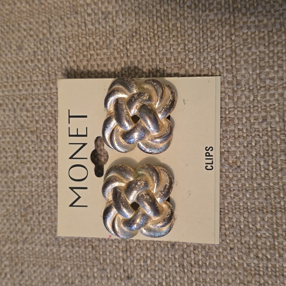 Vintage Monet Square Silver Braided Clip Earrings